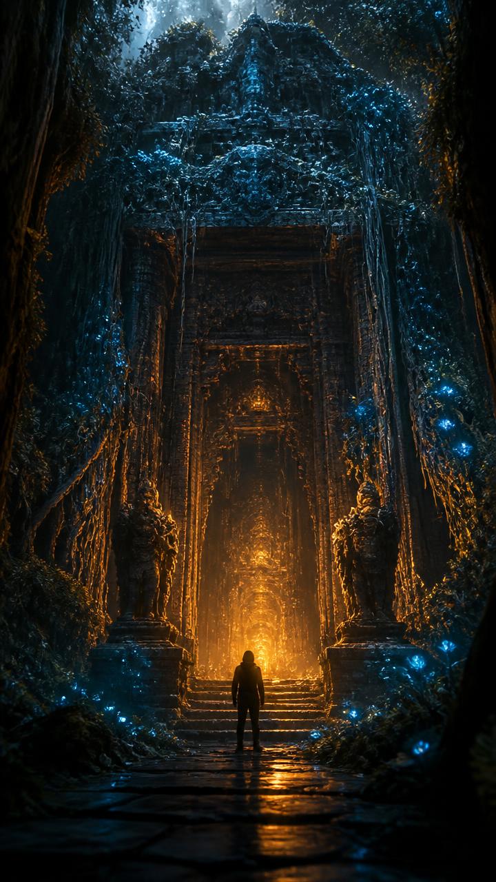 Vertical 9:16 cinematic frame of a lone figure before a glowing ancient temple from an AI-generated full-length movie