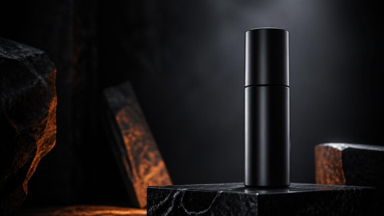 AI-generated 16:9 product advertisement still of a matte black bottle under dramatic lighting