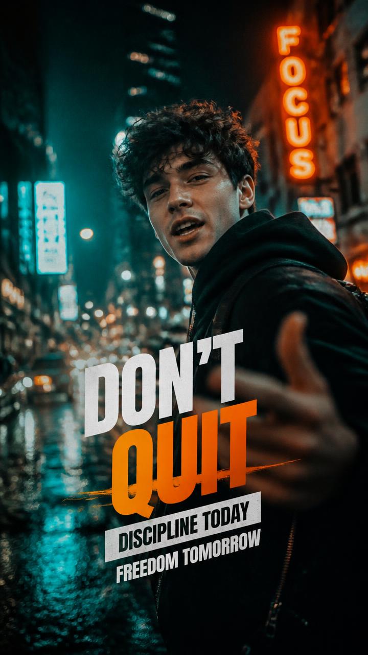 Vertical 9:16 AI-generated social video frame with bold caption overlay on a neon city street